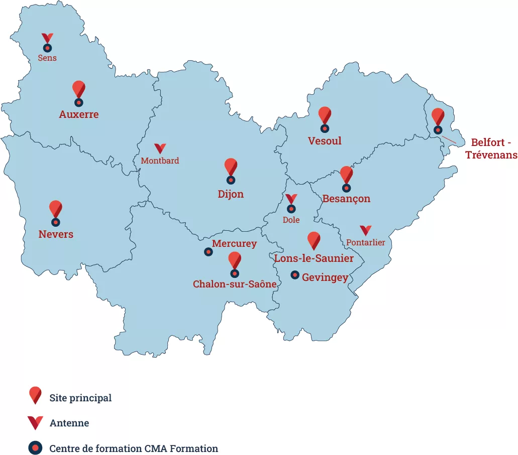 Carte du réseau de la Chambre de Métiers et de l'Artisanat en Bourgogne Franche-Comté