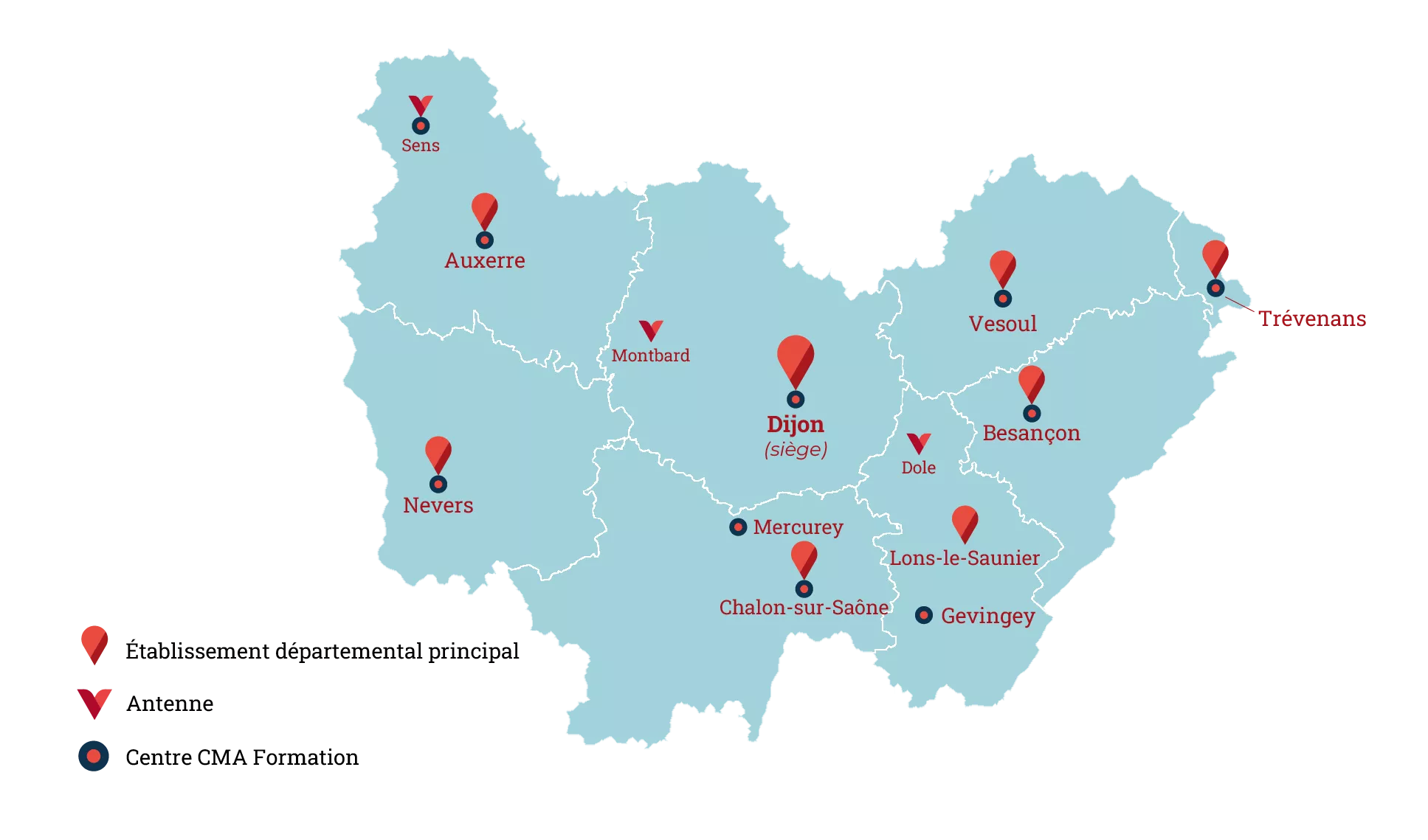 Carte du réseau de la Chambre de Métiers et de l'Artisanat en Bourgogne Franche-Comté